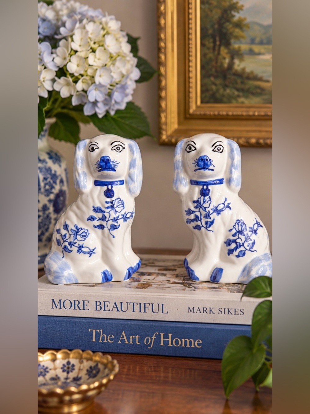 Pair Blue & White Ceramic Staffordshire Style Dog Figurines Chinoiserie